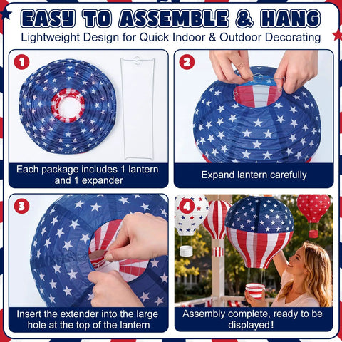 Instructions for assembling Five Pack 12 Inch Patriotic Hot Air Balloon Paper Lanterns For 4th Of July Decor.