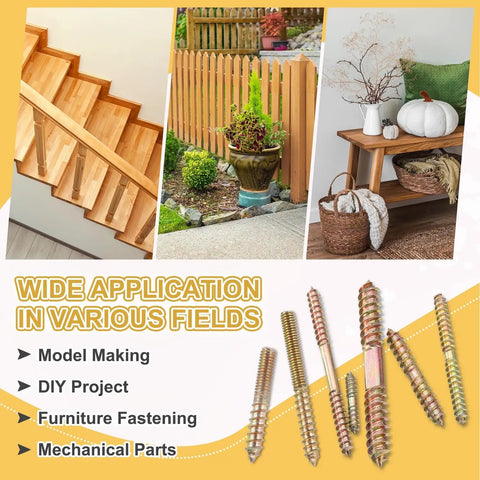 Professional Grade M5x40 Hanger Bolts Featuring A Smart Double Headed Configuration For Zero Hassle Furniture Building And Wood Joint Fixing Bombproof Carbon Steel Zinc Coated Connectors That Grip Like Glue displayed with DIY applications like stair railings and furniture.