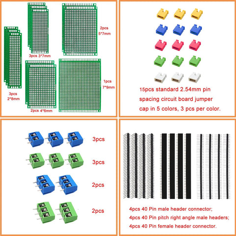 48 Piece Double Sided PCB Board Kit For DIY Soldering And Electronic Prototyping Compatible With Arduino Projects components displayed