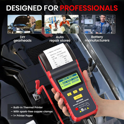 BST500 Car Battery Tester With Printer For 12V And 24V Rigs, Auto Battery Load Tester And Cranking Charging System Analyzer, Printed Diagnostic Reports For Cars, Trucks, SUVs, Motorcycles, RVs And More in use with clamps