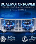 Dual motor power of Heavy Duty Mini Compact Washing Machine Twin Tub Top Load Washer with 240W wash and 120W dry output.
