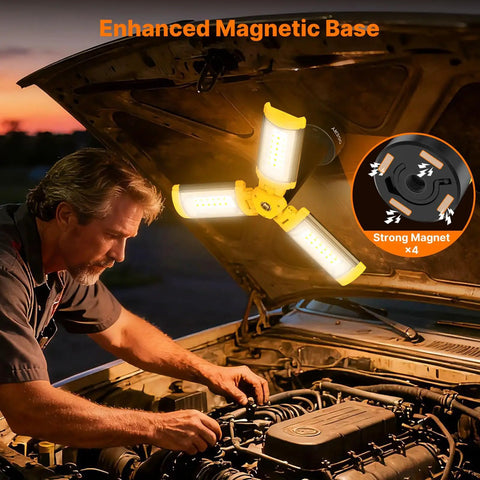 Remote Camping Light With 18000mAh Rechargeable Battery Power Bank, Detachable Tripod Stand Up To Six Feet, Three LED Lamp Heads For Camping Essentials And Emergency, All In One Lit Yellow used as work light under car hood