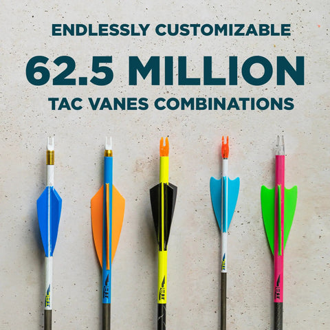 Arrows with colorful vanes under text '62.5 million tac vanes combinations'