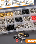 Badass 502Pcs Computer Screw Assortment Kit Featuring Rock Solid Motherboard Standoffs and Laptop Hardware for PC Case Fan, 15 sizes in a storage box.