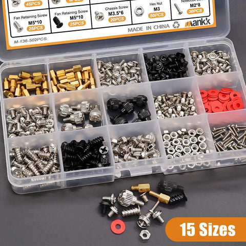 Badass 502Pcs Computer Screw Assortment Kit Featuring Rock Solid Motherboard Standoffs and Laptop Hardware for PC Case Fan, 15 sizes in a storage box.