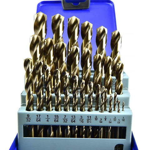 29 Piece Twist Drill Bit Set With Five Percent Cobalt M35 For Hardened Steel Cast Iron And Tough Metals, displayed in a blue case.