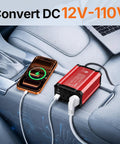 Road Ready 300W Car Power Inverter Quickly Converts DC 12V To 110V AC With charging phone and inverter on car console.
