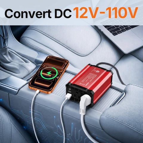 Road Ready 300W Car Power Inverter Quickly Converts DC 12V To 110V AC With charging phone and inverter on car console.