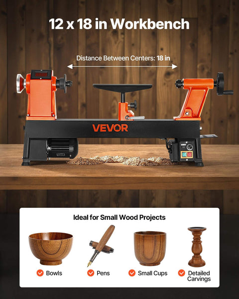 Benchtop Wood Lathe With 1 HP Motor, Variable Speed 150 To 3800 RPM, 12 By 18 Inch Work Area, Cast Iron Frame on workbench
