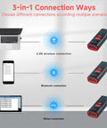 Bluetooth QR Barcode Scanner With Charge Stand And Rechargeable Battery Fast 1D 2D PDF417 UPC Codes Pocket Reader 3 In 1 Wireless Auto Scan Handheld Bar Code Reader For POS PC iOS Android showing 3-in-1 connection options including 2.4G wireless, Bluetooth, and wired.