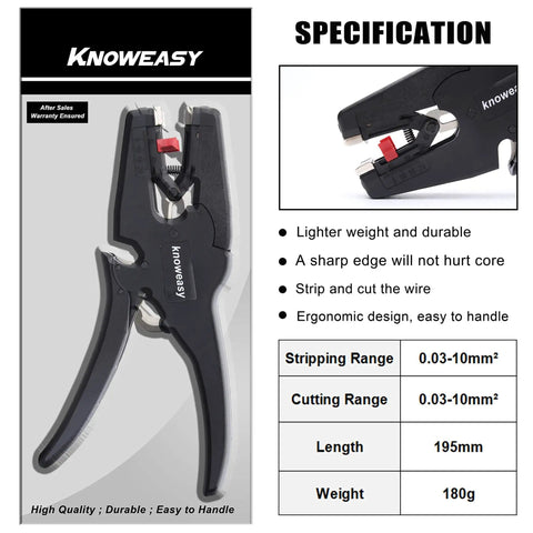Knoweasy 2 In 1 Wire Stripping Tool With Cutter for electronics and automotive wiring, detail features and specifications shown.