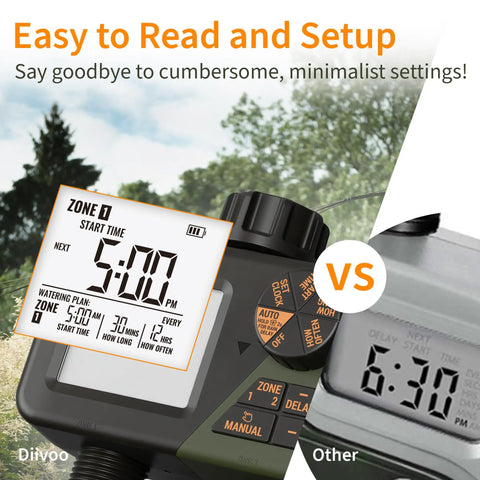 Two Zone Sprinkler Timer With Dual Outlet Hose Timer, comparing digital display setup with competitor, easy to read screen