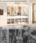 Massive 100 Inch White Closet Organizer With Four Roomy Wooden Drawers And Four Heavy Duty Hanging Rods Featuring Sixteen Handy Cubby Storages For A Quick Walk In Wardrobe Setup That Is A Total No Brainer, showcasing organized clothes.