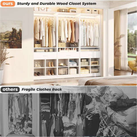 Massive 100 Inch White Closet Organizer With Four Roomy Wooden Drawers And Four Heavy Duty Hanging Rods Featuring Sixteen Handy Cubby Storages For A Quick Walk In Wardrobe Setup That Is A Total No Brainer, showcasing organized clothes.
