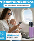 Rock Solid Electric Breast Milk Cooler Featuring Dual Four Ounce Insulated Storage Bottles, Usb C Powered Portable Nursing Chiller designed for on-the-go feeding in an airplane.