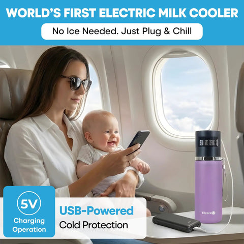 Rock Solid Electric Breast Milk Cooler Featuring Dual Four Ounce Insulated Storage Bottles, Usb C Powered Portable Nursing Chiller designed for on-the-go feeding in an airplane.
