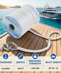 Heavy Duty Three Eighths Inch 50 Foot Boat Anchor Rope With Solid Braid MFP Marine Line Including Stainless Steel Thimble And Shackle For Boats Jet Ski Yacht Dock Saltwater Resistant Built Tough And Durable spooled on dock with yacht in background