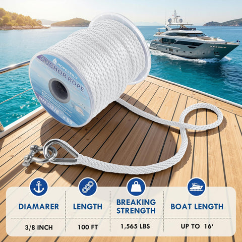 Heavy Duty Three Eighths Inch 50 Foot Boat Anchor Rope With Solid Braid MFP Marine Line Including Stainless Steel Thimble And Shackle For Boats Jet Ski Yacht Dock Saltwater Resistant Built Tough And Durable spooled on dock with yacht in background