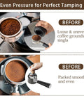 Comparison of loose and uneven coffee grounds before tamping with Precision Fit Anti Slip Tamper Base For Espresso Machines ES601 ES701 Portafilter Stand Cafe Luxe Black Keeps Tamping Stability And Extraction On Point Non Slip Coffee Accessory For Home Baristas