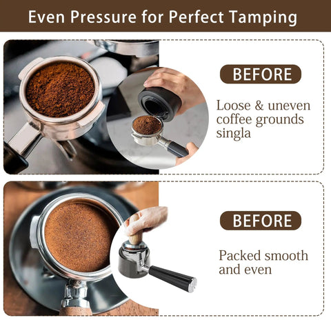 Comparison of loose and uneven coffee grounds before tamping with Precision Fit Anti Slip Tamper Base For Espresso Machines ES601 ES701 Portafilter Stand Cafe Luxe Black Keeps Tamping Stability And Extraction On Point Non Slip Coffee Accessory For Home Baristas