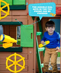 Child playing in treehouse with Pirate Ship Steering Wheel And Telescopes 3 Pack For Kids Plastic Swingset Accessories In Yellow.