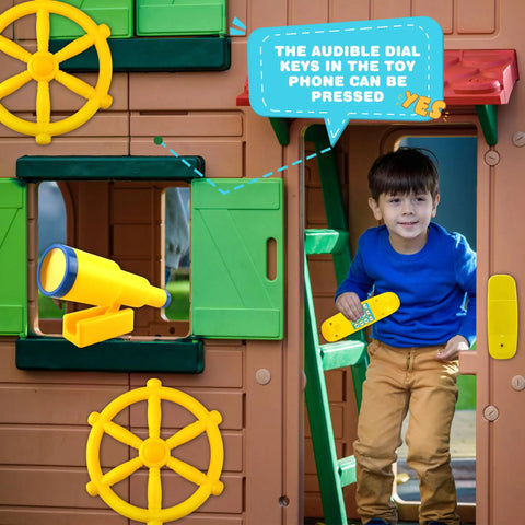 Child playing in treehouse with Pirate Ship Steering Wheel And Telescopes 3 Pack For Kids Plastic Swingset Accessories In Yellow.