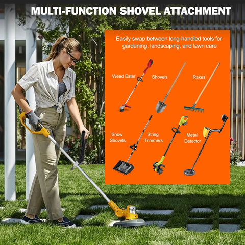Woman using Heavy Duty Universal Replacement Handle Featuring Quick Lock Clamp For Shovels Weed Eaters And Snow Blowers.