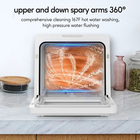 Compact Countertop Dishwasher With Six Place Settings Ten Preprogrammed Cycles And Baby Care Mode hot water cleaning with 360° spray arms.