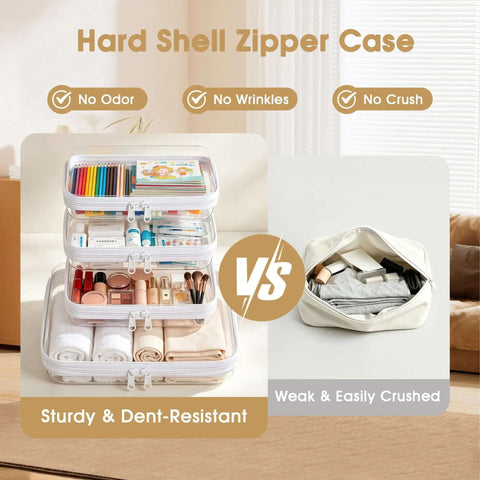 Hella Organized Travel Toiletry Bag Set Includes Four Clear Hard Shell Zipper Pouches, showcasing sturdy zipper case vs weak case with various items.