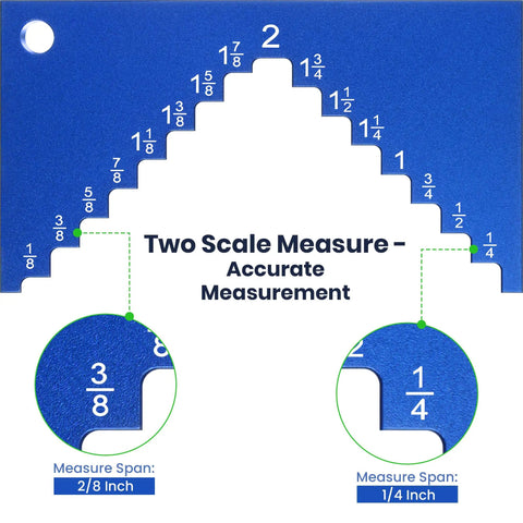 Aluminum Table Saw Height Gauge For Router Table, Pro Grade Woodworking Measuring Tool With Blade Height From 1/8 To 2 Inches In 1/8 Inch Increments, 1/4 Inch Thick For Solid Standing, Blue, showing dual scale measurements.
