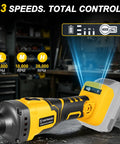 Built Like a Tank Brushless Cordless Die Grinder with 26000 RPM Four Speed Controls showing speed settings and battery indicator.