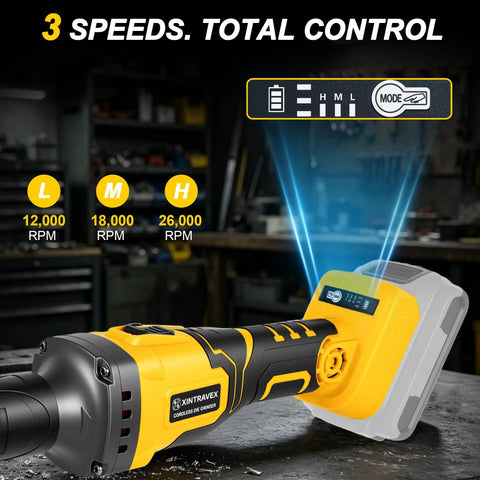 Built Like a Tank Brushless Cordless Die Grinder with 26000 RPM Four Speed Controls showing speed settings and battery indicator.