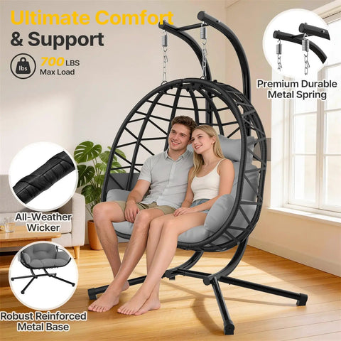 Oversized Double Hanging Egg Chair With Stand For Indoor Outdoor Use 2 Person Wicker Swing Chair With Cushions 700 Lbs Capacity Cozy Kickback Vibes For Patio Backyard Or Garden Black