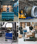 Rock Solid Five Inch By Two Inch Industrial Casters Set Of Four Features Thick Polyurethane Tread on blue rolling tool cart in workshop.