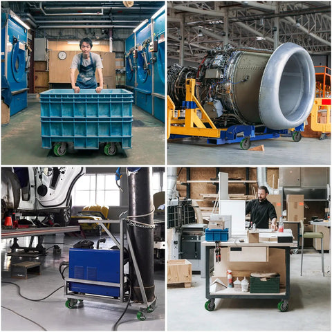 Rock Solid Five Inch By Two Inch Industrial Casters Set Of Four Features Thick Polyurethane Tread on blue rolling tool cart in workshop.