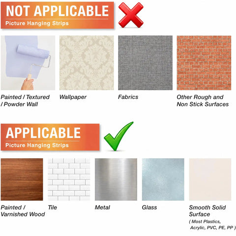 Image showing applicable and not applicable surfaces for Large Picture Hanging Strips 28 Pairs 56 White Strips Heavy Duty Adhesive Hook And Loop Tape Removable Damage Free Wall Hangers Holds Up To 16 Lbs For Frames Photos And Holiday Decor.