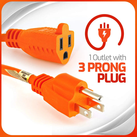 Orange Indoor Outdoor Extension Cord 18 Feet With 1 Outlet 3 Prong 16 Gauge Heavy Duty UL Approved Power Cable close-up