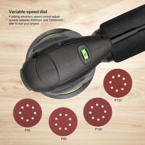 2.0 Amp Electric Random Orbital Sander with variable speed dial, showing sandpaper discs, for woodworking, sanding, and polishing