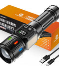 Beast Mode Brightness 100000 Lumen USB C Rechargeable Flashlight with LCD Display and dual light source, packaging shown