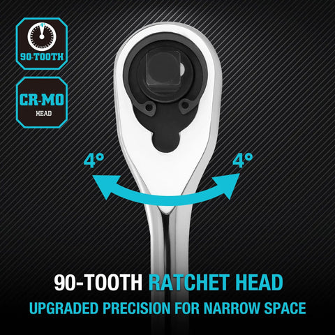 90-tooth ratchet head of Professional Grade Heavy Duty Ratchet Set 3 Piece for tight spaces and precise adjustments.