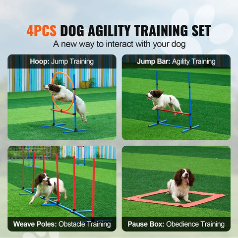 All In One Dog Agility Training Kit With 4 Adjustable Hurdles 6 Weave Poles Jump Ring Square Pause Box Whistle Foldable Bowl