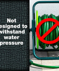 Green garden hose reel with warning sign, emphasizing limitations. Not for Flexible Waterproof Tape For Quick Fixes And Heavy Duty Repairs.