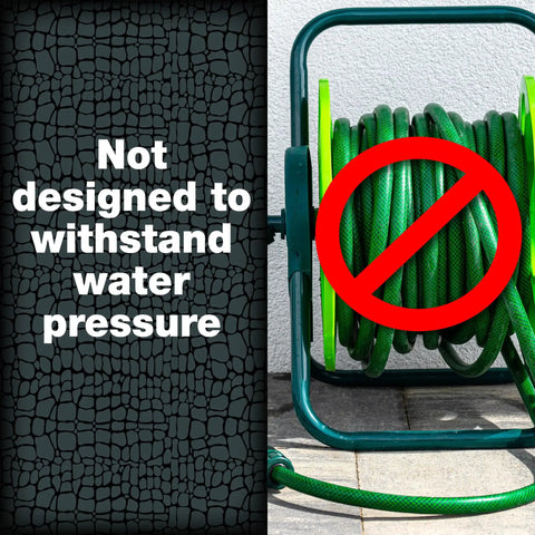 Green garden hose reel with warning sign, emphasizing limitations. Not for Flexible Waterproof Tape For Quick Fixes And Heavy Duty Repairs.