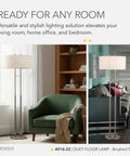 Brushed Steel Floor Lamp With Ivory Fabric Shade, Dual Pull Chain And Double Socket Design beside green chair in living room.