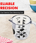 Clear Plastic Measuring Cup With Easy Read US And Metric Markings, 1 Cup Size, Durable Dishwasher Safe, close-up on wooden surface