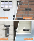 Solid Brass No Soliciting Sign For Home And Office on various surfaces including wooden door, brick wall, cement wall, and glass window.
