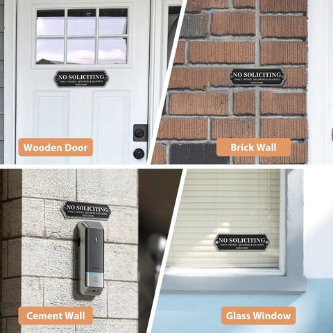 Solid Brass No Soliciting Sign For Home And Office on various surfaces including wooden door, brick wall, cement wall, and glass window.
