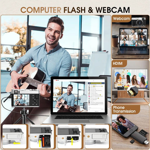 Man playing guitar in front of laptop with webcam and phone setup for video streaming and transmission; focus on technology setup.