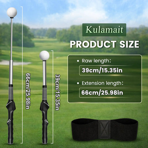 Retractable Golf Swing Trainer with Arm Band, Instant Click Feedback for Precision, shown with dimensions and arm band