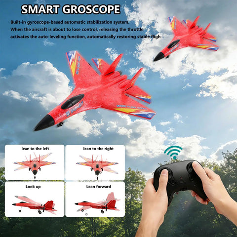 SU27 RC Plane For Adults And Kids in flight with controller, Kid Friendly Remote Control Fighter Jet, Red, EPP Foam, Easy Maneuvering